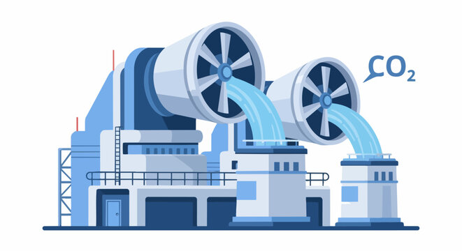 Industrial Carbon Capture and Storage Facility Illustration, DAC Direct Air Capture Technology for CO2 Reduction, Climate Change Mitigation Concept
