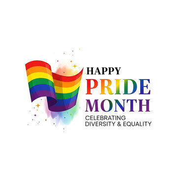 Happy pride month with rainbow flag and text, isolated on white background