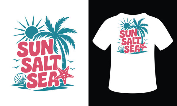 Sun salt sea coastal illustration with palm trees shell and starfish.