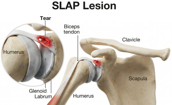 SLAP Lesion. Accurate Medically Illustration of Superior Labrum Tear at the Biceps Tendon Anchor. Labeled