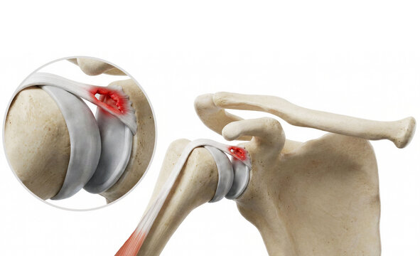 SLAP Lesion. Accurate Medically Illustration of Superior Labrum Tear at the Biceps Tendon Anchor. Labeled