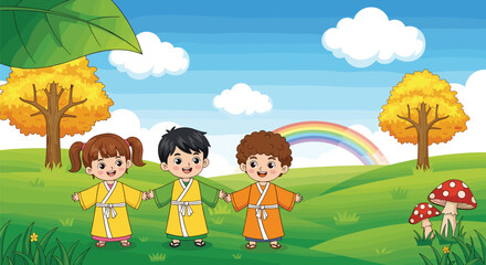 Obraz premium Happy Kids in Nature Landscape Vector Illustration with Rainbow, Trees, and Children Wearing Traditional Outfits for Education, Childhood, and Diversity Concepts