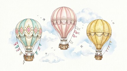 Obraz premium Colorful Hot Air Balloons Flying Through the Sky Artistic Illustration