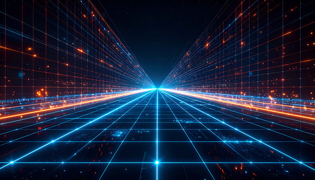 Futuristic Digital Grid Tunnel with Glowing Neon Lights.