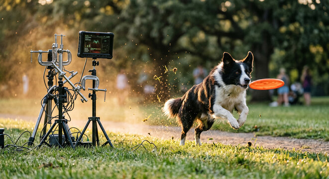 Border collie catching orange disc in park with technical camera gear
