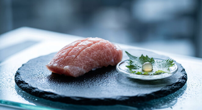 Gourmet otoro tuna sushi nigiri on slate plate in modern setting