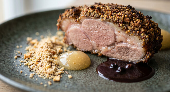 Gourmet roasted meat with mustard seed crust and fruit reduction