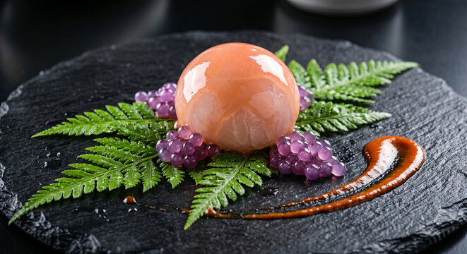 Molecular gastronomy seafood appetizer with roe on slate plate