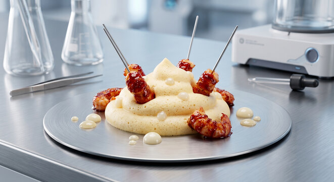 Molecular gastronomy appetizer with glazed shrimp on metal plate in lab