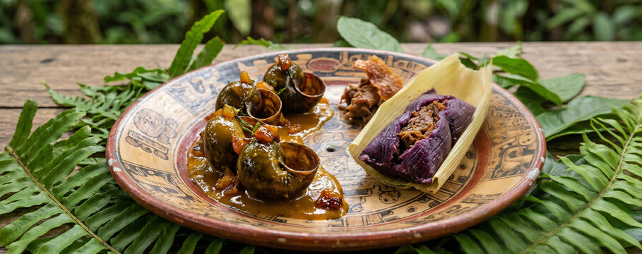 Amazonian snails with purple corn tamale on traditional clay plate