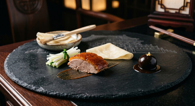 Gourmet peking duck slice with pancake and scallions on slate platter