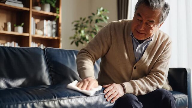 Elderly man cleaning a black leather sofa with a white cloth.