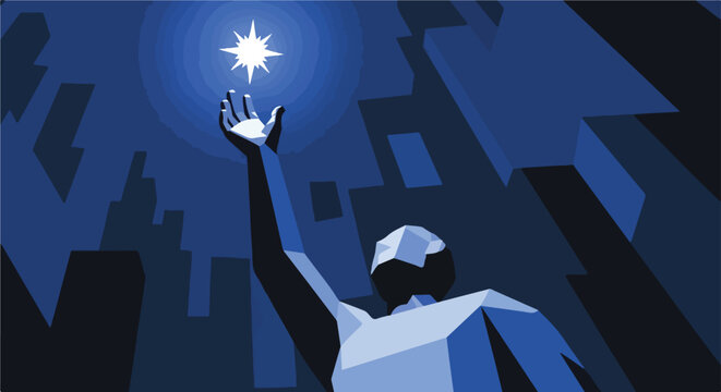 man reaching star in cityscape at night
