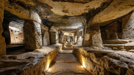 Fototapeta premium Ancient underground stone catacombs with carved rock walls and illuminated pathways