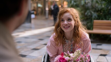 Fototapeta premium A young woman with red hair in a wheelchair smiling at a man in a shopping mall