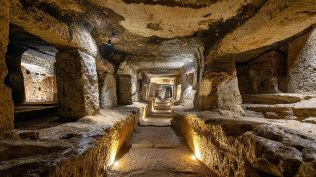 Ancient underground stone catacombs with carved rock walls and illuminated pathways