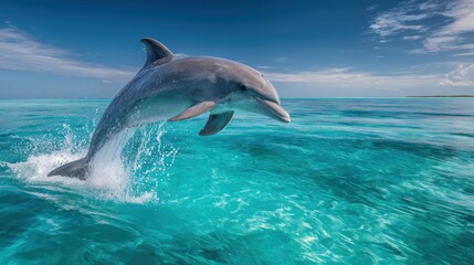 Fototapeta premium A beautiful dolphin leaping out of the crystal clear turquoise water in the ocean