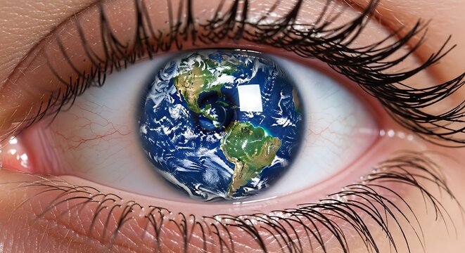 Close-up human eye with earth globe reflection