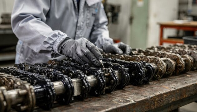 Medium shot of a worker applying diamondlike carbon DLC coating to machine chains emphasizing the sleek lowfriction finish that improves performance and extends lifespan.