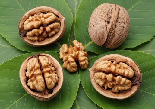 Fresh walnuts split open on green leaves natural closeup