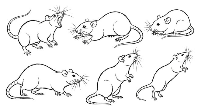 Rat sketches, set of hand drawn rodents in various poses