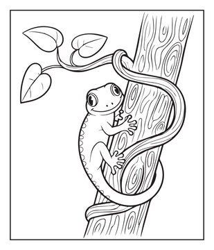 Gecko lizard cartoon style black outline vector illustration coloring page for kids, Beautiful reptile animal coloring book for all