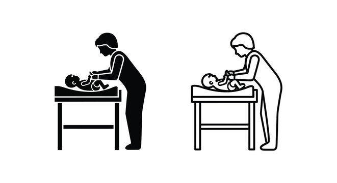 Parent changing baby on table two variations black and white silhouette high quality