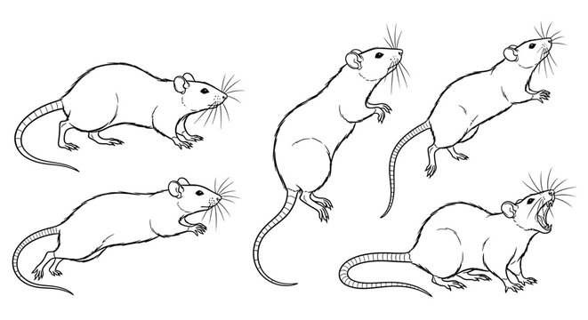 Rat set, line art illustrations of rodents in various poses