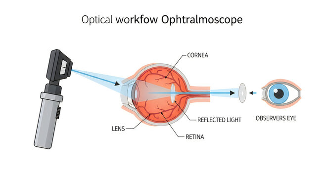 Medical illustration of ophthalmoscope light path through human eye