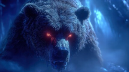 Obraz premium Fierce grizzly bear with glowing red eyes in dark forest