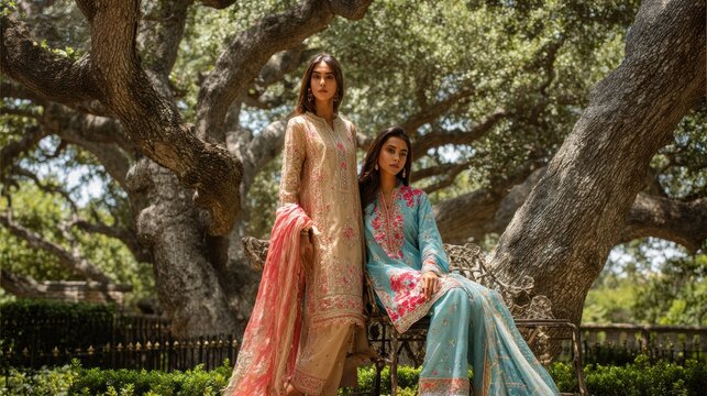Two models wearing elegant embroidered pakistani suits outdoors