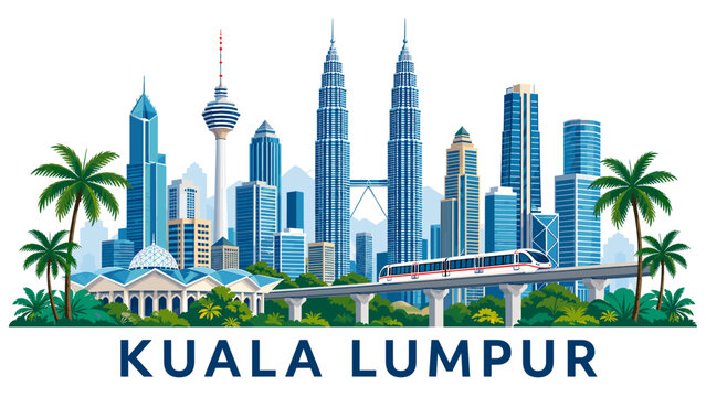 Minimal vector skyline of Kuala Lumpur with twin towers, tower, monorail line and tropical city accents.