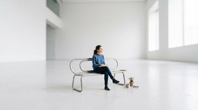 Woman creativity and solitude in vast blank space