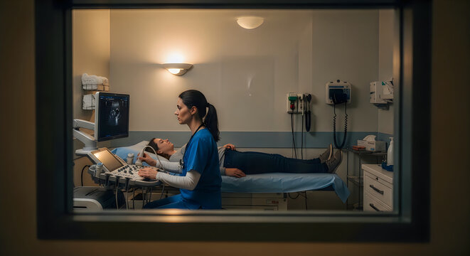 Medical professional performing prenatal ultrasound scan in hospital