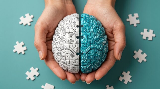 World mental health day hands holding a brain puzzle promoting wellbeing and support