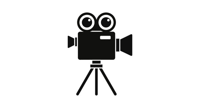 Vintage movie camera icon, black silhouette of professional film projector on tripod, retro cinema equipment vector illustration