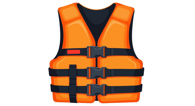 Orange life jacket vector illustration, bright safety vest with black buckles, nautical emergency flotation device for water sports and boating safety