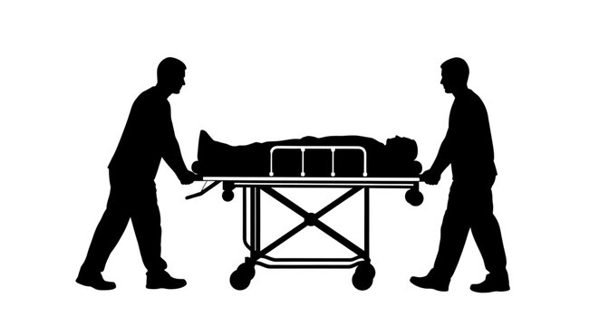 Medical emergency silhouette of paramedics pushing a patient on a gurney, hospital staff transporting injured person on stretcher, clinical vector icon