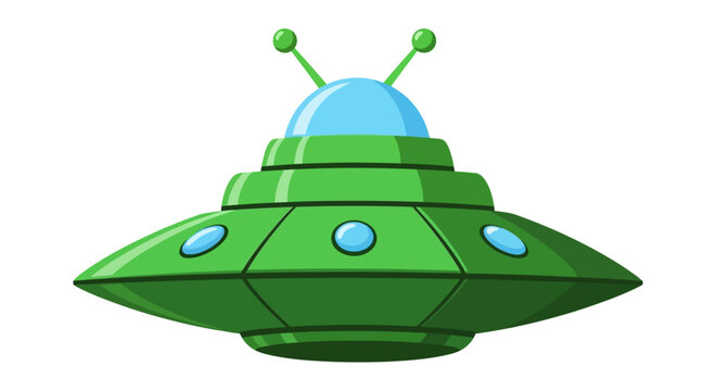 Retro green UFO flying saucer vector illustration, cartoon alien spaceship with blue glass dome, futuristic unidentified flying object for sci-fi designs