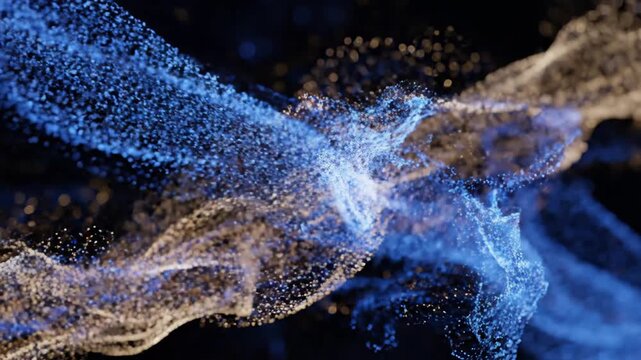 Glowing blue and gold particle streams colliding and intertwining in a dark cosmic space.