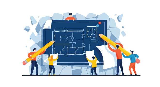 Collaborative project management team building a strategic business blueprint and architectural foundation for enterprise-level growth and innovative design solutions