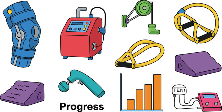 Physical Therapy and Rehabilitation Icon Set with Exercise Equipment, Progress Charts, Electrotherapy, Resistance Bands, and Fitness Tools for Health Designs