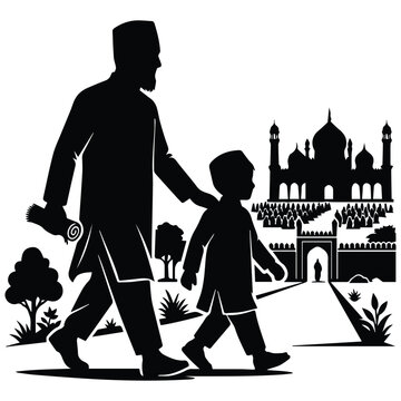 Father and son walking to mosque for Eid prayer silhouette with mosque background