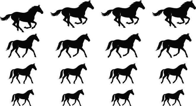 Black Horse Silhouette Set Featuring Running Galloping and Walking Poses for Animation Frames and Equestrian Design Projects
