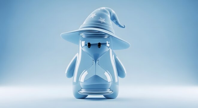 Blue cartoon hourglass character with a starry wizard hat. Magical timekeeping and creative deadline management. Adorable glass mascot standing inside a brightly lit environment.