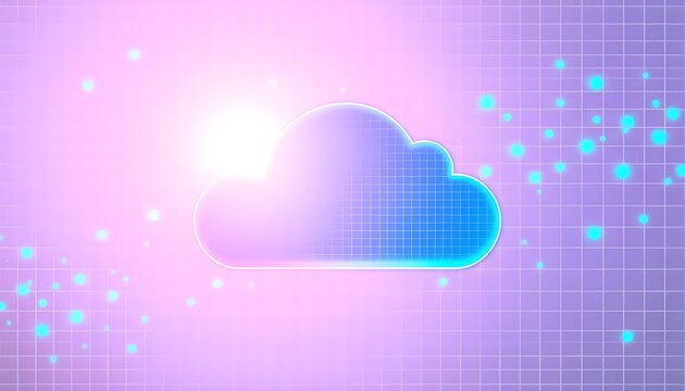 Digital cloud storage and network data processing with glowing particles and grid background
