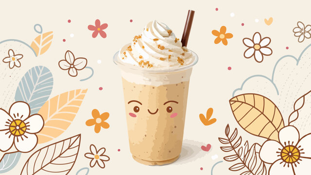 Cartoon creamy drink with whipped topping and straw in a smiling cup surrounded by colorful flowers and leaves on a beige background