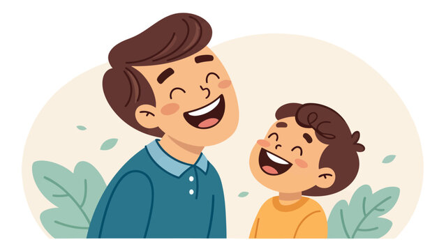 Father and child laughing together in joyful moment with green leaves