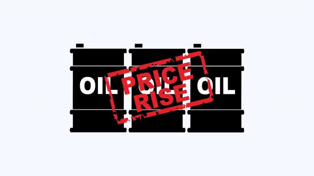 Oil barrels with a red price rise stamp suitable for energy, finance, economy, oil industry, market trends, inflation, and business concepts.