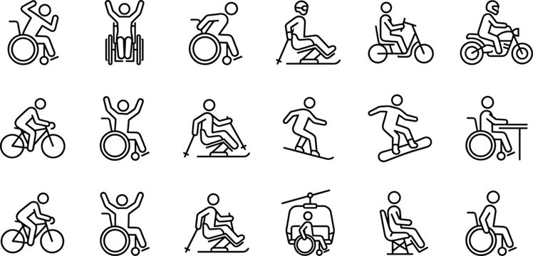 Disability Sports and Outdoor Activities Icon Set Featuring Wheelchair Athletes, Adaptive Skiing, Cycling, and Para Sports Line Icons